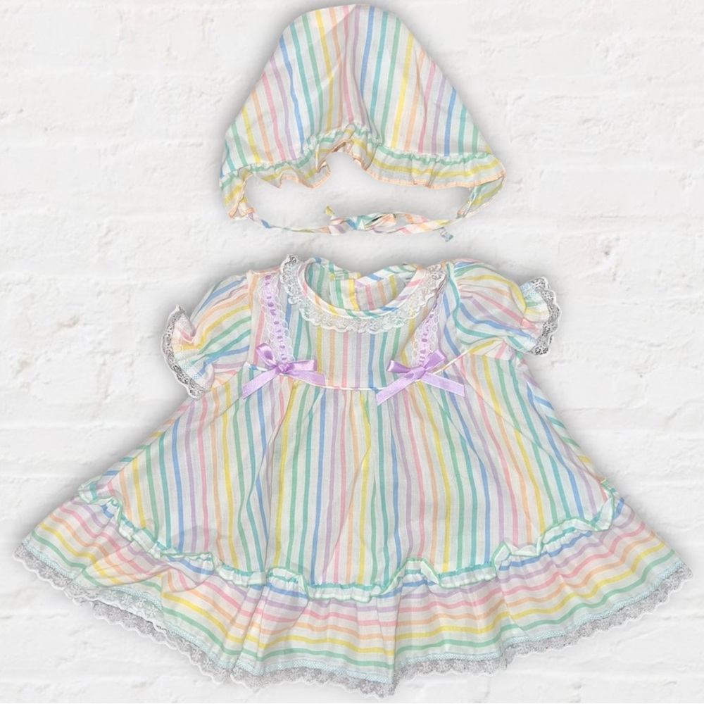 Vintage 80’s Rainbow Striped Dress and Bonnet Set